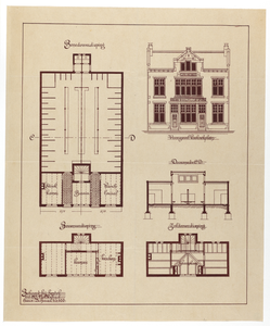215042 Plattegronden, opstand en doorsnede van het Volksbadhuis aan het Koekoeksplein te Utrecht.